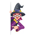 Cute witch cartoon support help consultation advice promotion looking out corner character halloween solution flat