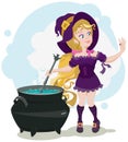 Cute witch cooks potion and admires ring Royalty Free Stock Photo