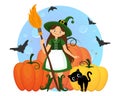 Cute witch in a costume with a broom, black cat and pumpkins. Halloween illustration, kids print vector Royalty Free Stock Photo