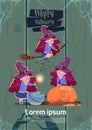 Cute Witch Fly On Broom Stick, Cook Potion In Pot, Happy Halloween