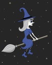 Cute cartoon witch flying on a broomstick on Halloween night Royalty Free Stock Photo