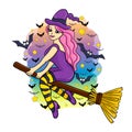 cute witch flying on a broomstick, cartoon halloween character, vector illustration Royalty Free Stock Photo