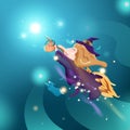 Cute witch flying in the sky to stars, cartoon fantasy Halloween concept vector illustration