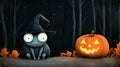 Cute witch frog with a pumpkin under a dark spooky night sky Royalty Free Stock Photo