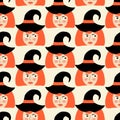 Cute witch girl in black hat vector illustration. Adorable face of magical woman seamless pattern for halloween fabric . Royalty Free Stock Photo