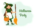 Cute witch girl in a costume with a pumpkin and a broom. Halloween illustration, kids print vector Royalty Free Stock Photo