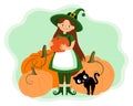 Cute witch girl in a costume with pumpkins and a black cat. Halloween illustration, kids print vector Royalty Free Stock Photo