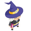 Cute witch girl isometric costume halloween children masquerade party kid character flat design vector illustration