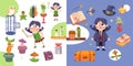 Cute witch girl with magic wand, objects on blue background. Halloween and wizard school. Cartoon stickers for design Royalty Free Stock Photo