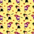 Cute witch girls on bright yellow background. Seamless pattern for Halloween Royalty Free Stock Photo