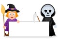 Cute Witch & Grim Reaper with Blank Banner Royalty Free Stock Photo