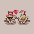 Valentine`s day couple of octopus character holding heart balloons. cute animal couples