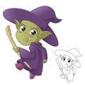 Cute Witch Holding Magic Wand with Line Art Drawing Royalty Free Stock Photo