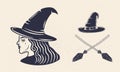 Cute Witch icon. Witch\'s hat and crossed brooms isolated on white background.