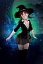 Cute witch illustration on moonlit star background