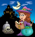 Cute witch with potion and mansion