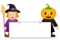 Cute Witch & Scarecrow with Blank Banner Royalty Free Stock Photo