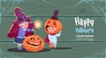 Cute Witch And Scarecrow, Happy Halloween Banner Party Celebration Concept