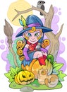 Cute witch sitting on a pumpkin, funny illustration