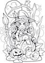 Cute witch sitting on a pumpkin, funny illustration, coloring book