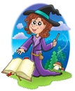 Cute witch with wand and book