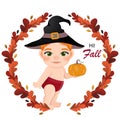 Cute Wizard baby boy holding pumpkin in colorful flat style with wreath from autumn leaves. Baby shower concept in Autumn Royalty Free Stock Photo