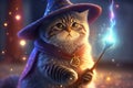 A Cute Wizard Cat With a Glowing Wand - Generative AI Royalty Free Stock Photo