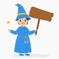 Cute Wizard Holding a Wooden Sign and a Pumpkin Bucket, Halloween Cartoon Vector Royalty Free Stock Photo