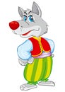 Cute wolf character in green harem pants and red yolk, isolated object on a white background, vector illustration