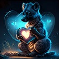 Hyena hugging heart Cute wolf with a heart in his hands. Blue background. AI Generated animal ai