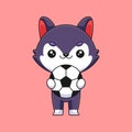 cute wolf holding soccer ball cartoon mascot doodle art hand drawn concept vector kawaii icon illustration