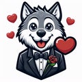 Cute wolf illustration using tuxedo and love ornaments. Generative AI