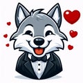 Cute wolf illustration using tuxedo and love ornaments. Generative AI