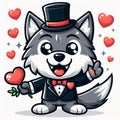 Cute wolf illustration using tuxedo and love ornaments. Generative AI