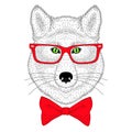 Cute Wolf Portrait, Face With Bow Tie, Glasses. Hand Drawn Anthropomorphic Fashion Animal Illustration For T-shirt Print, Kids Gr