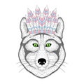Cute Wolf Portrait With War Bonnet On Head. Hand Drawn Kitty Face, Fashion Animal Cartoon In Aztec Style, Illustration For