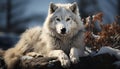 A cute wolf pup sitting in the snow, looking at camera generated by AI Royalty Free Stock Photo