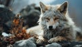 Cute wolf sitting in snow, looking at camera, howling generated by AI Royalty Free Stock Photo