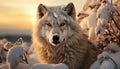 A cute wolf in the snow, howling at the sunset generated by AI Royalty Free Stock Photo