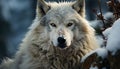 A cute wolf in the snow, looking at the camera generated by AI Royalty Free Stock Photo