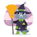 Cute wolf sorcerer with a chicken in his pocket, in the witch`s hat and with the witch`s broom. Adorable witch. Happy Halloween