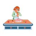 Woman peppers a piglet before baking it with apples. Vector illustration in flat cartoon style. Royalty Free Stock Photo