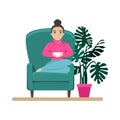 Cute woman in the armchair with a cup of coffee in her hands. Isolated vector illustration Royalty Free Stock Photo