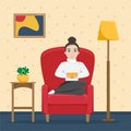 Cute woman in the armchair with a cup of coffee in her hands. vector illustration. Living room interior Royalty Free Stock Photo