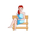 Cute woman in blue towel sit in wood sauna Royalty Free Stock Photo