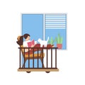 Cute woman with cat reading a book on balcony cartoon vector illustration Royalty Free Stock Photo