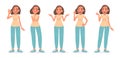 Cute woman character set. Happy girl greets, thinks, don`t know gesture, shrugs, idea, problem solution Royalty Free Stock Photo
