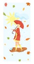 Cute woman character walking romantic rainy autumn weather, female stroll hold umbrella poster flat vector illustration Royalty Free Stock Photo