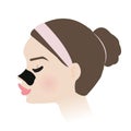 Cute woman with charcoal pore strip on nose side view vector illustration isolated on white background. Royalty Free Stock Photo