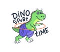 The cute woman dino does fitness exercises. Cartoonish sport dinosaur